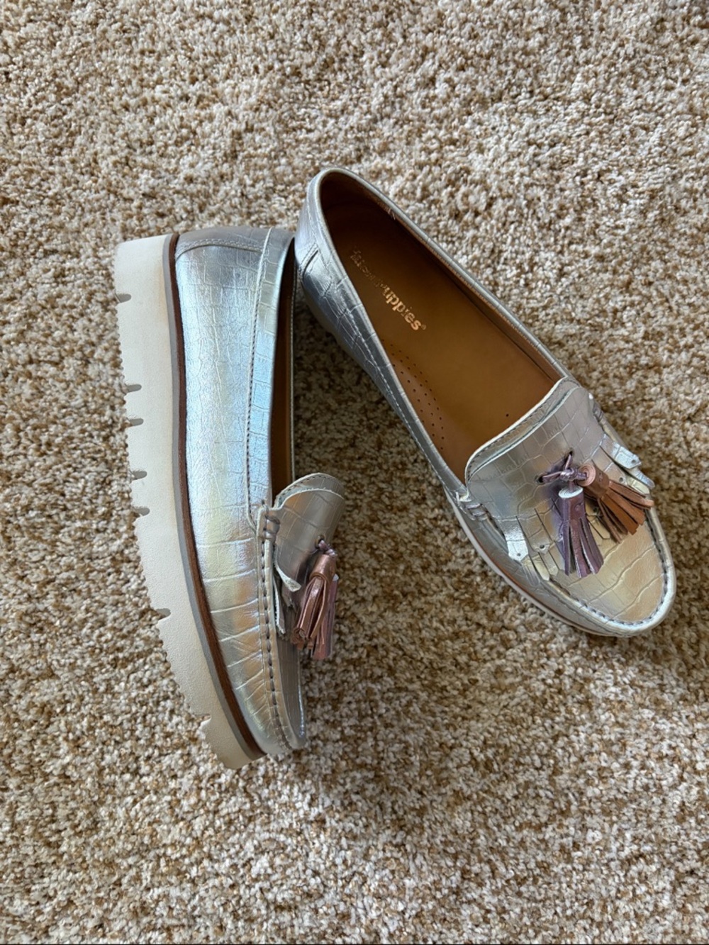 Hush Puppies Iridescent Silver Tassel Loafers